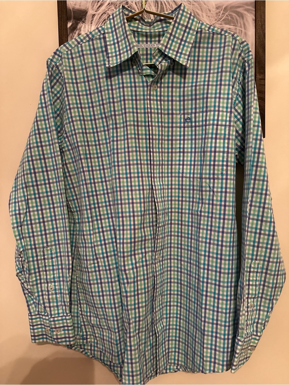 Southern Tide Blue and Green Plaid Button-Up Shirt